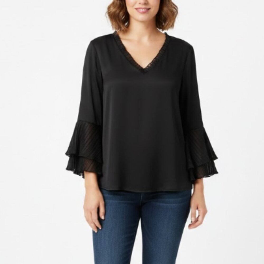 New Above and Beyond Black V Neck Lace‎ Flare Sleeve Blouse Large Whimsigoth